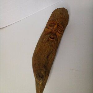 Vintage Rustic Hand Carved Wooden Old Man Face Hanging Figure 10.5"